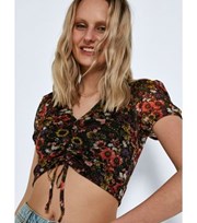 Noisy May Black Floral Mesh Ruched Crop Top